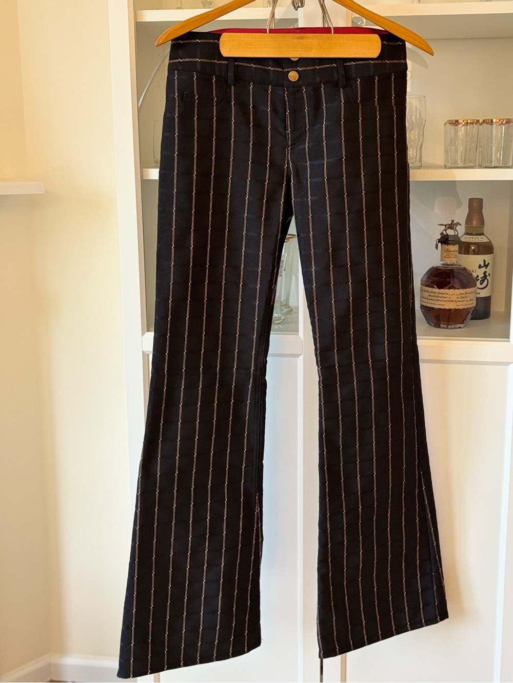 Alice + Olivia Navy Windowpane Flare Pants Size 8 Retro Mod Wide Leg